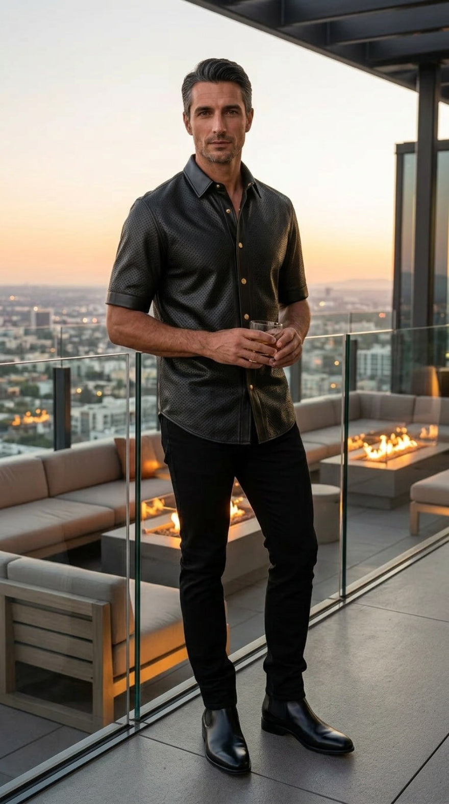 Man, wearing our Mens Black Perforated Leather Shirt | Short Sleeve Nappa Button Up, standing on a rooftop with a cityscape view, holding a drink.
