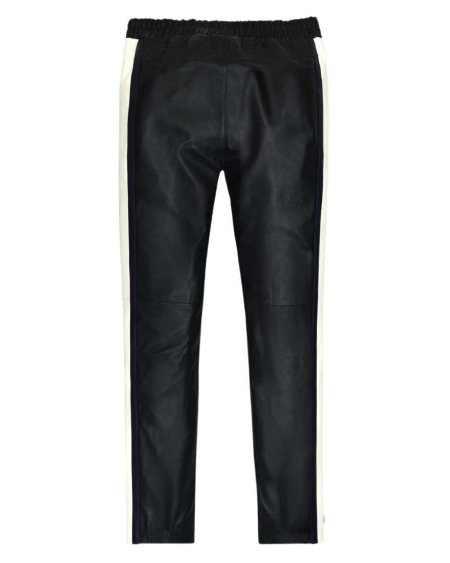 Picture of our Mens Black and White Leather Pants, back view.