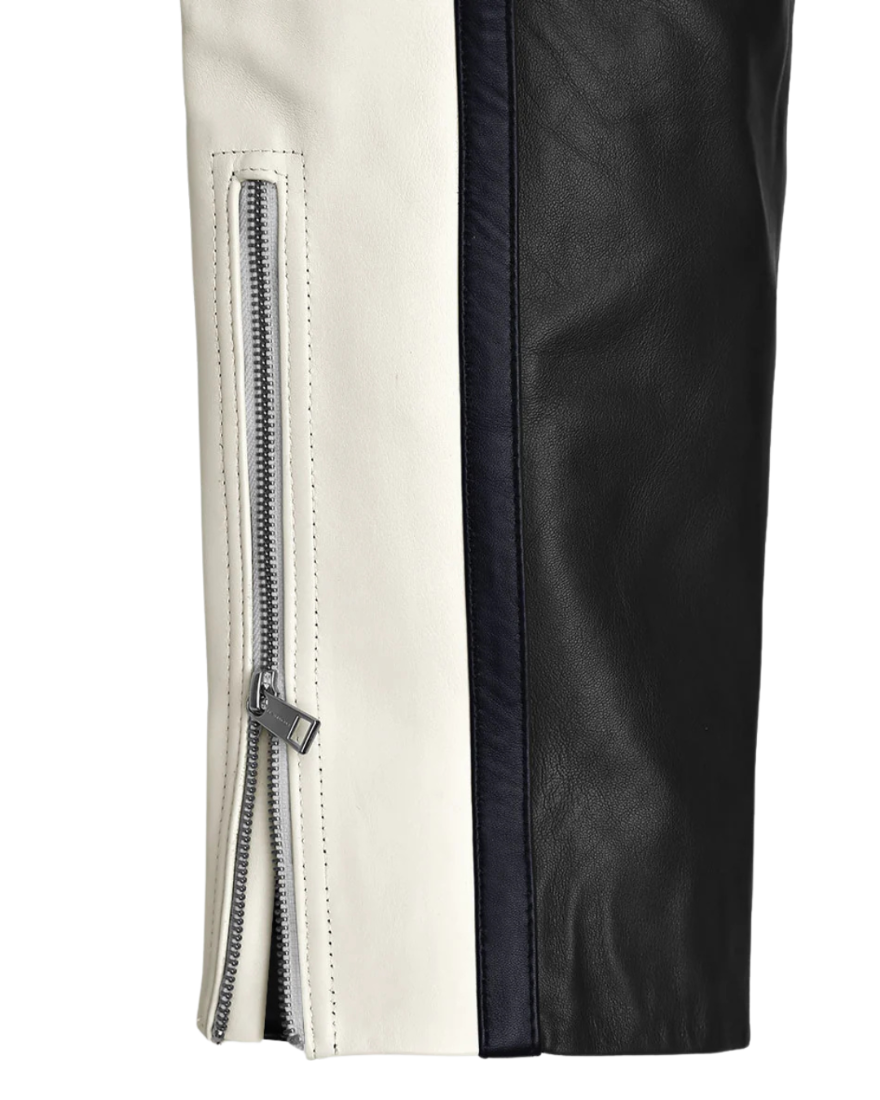 Close up picture of the ankle area of our Mens Black and White Leather Pants showing the ankle zipper.