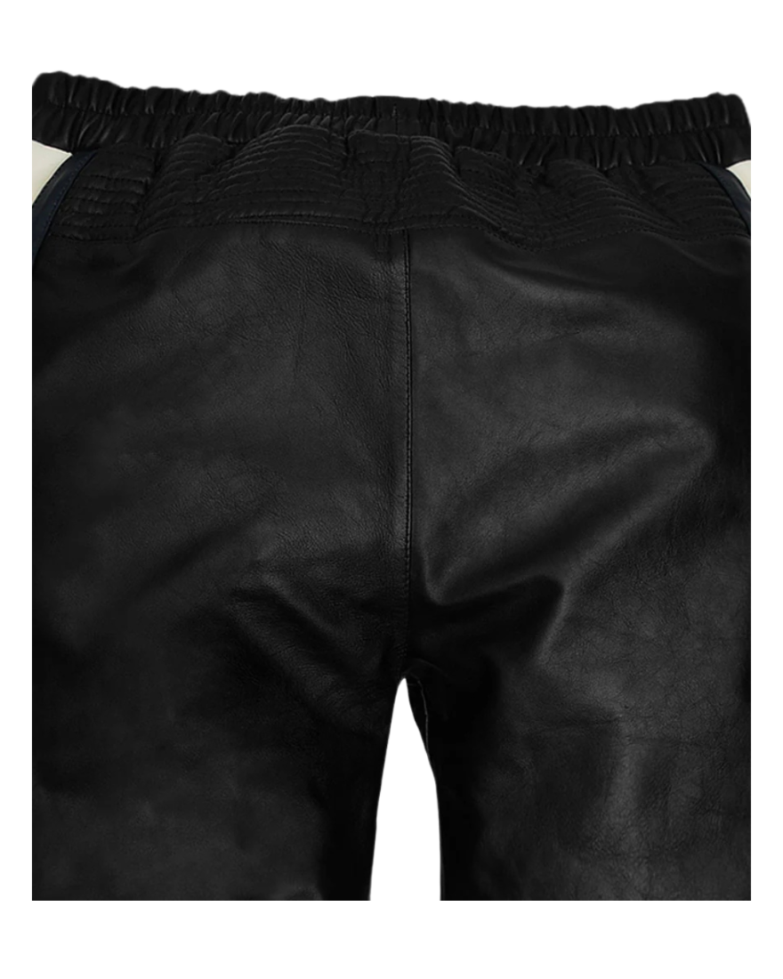 Close up picture of the  back waistband  our Mens Black and White Leather Pants