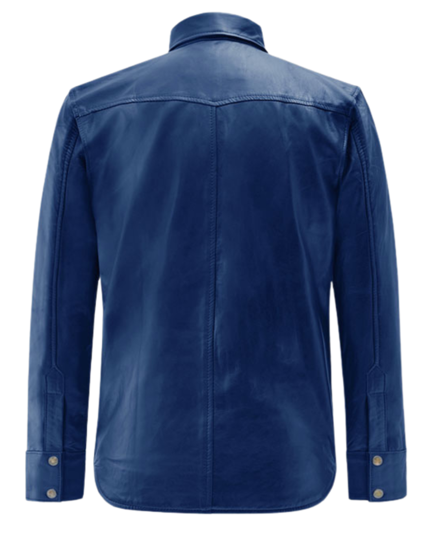 Picture of our Mens Blue Leather Shirt, on a mannequin back view