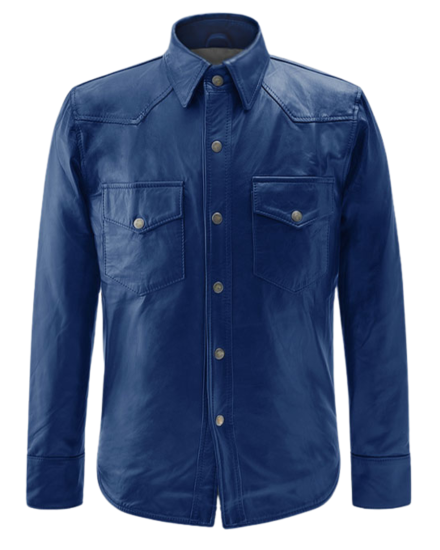 Picture of our Mens Blue Leather Shirt, n a manneqin. front view, buttoned up.