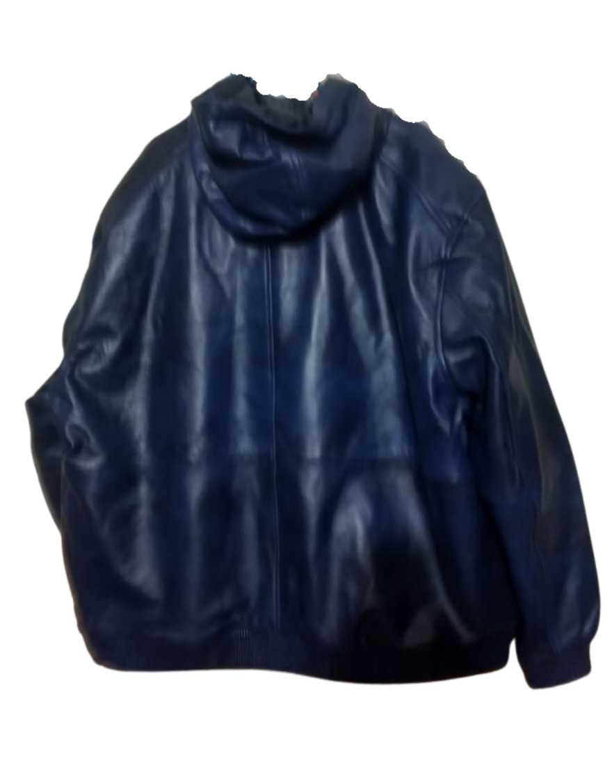 Picture of our Mens Blue Leather Sweat Suit Jacket, back view. 