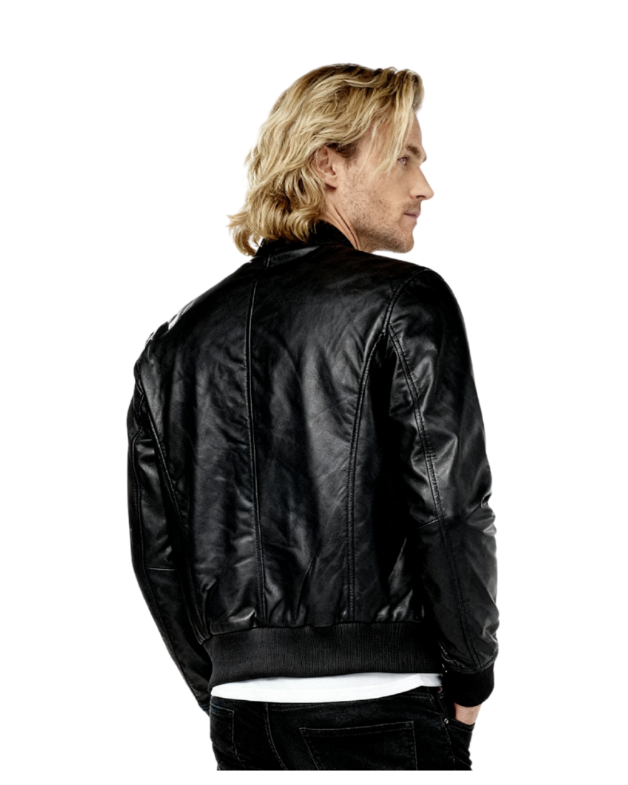 Man wearing our Mens Bomber Jacket Black Leather on a white background, back view.