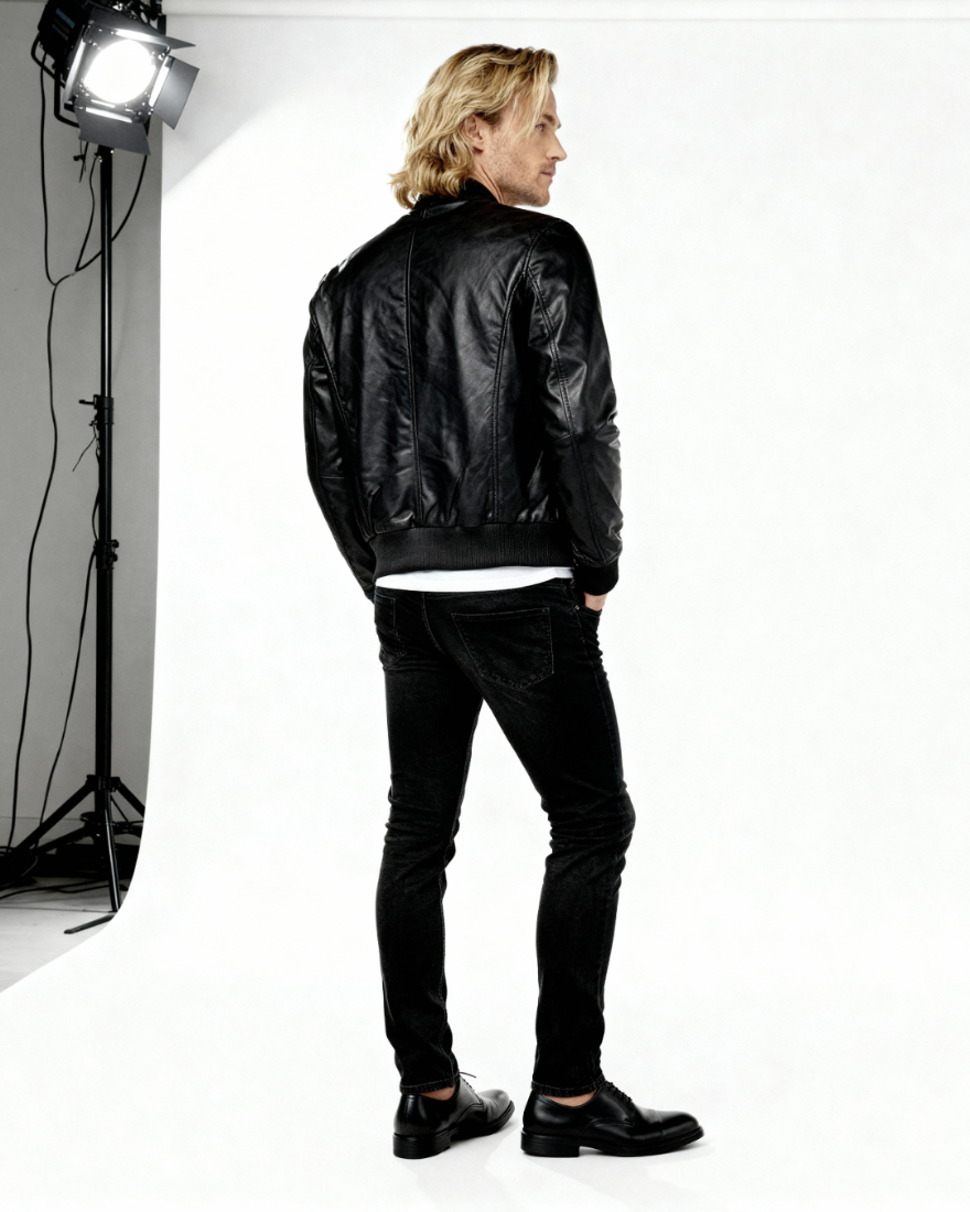 Person wearing our Mens Bomber Jacket Black Leather  in front of studio lighting equipment.