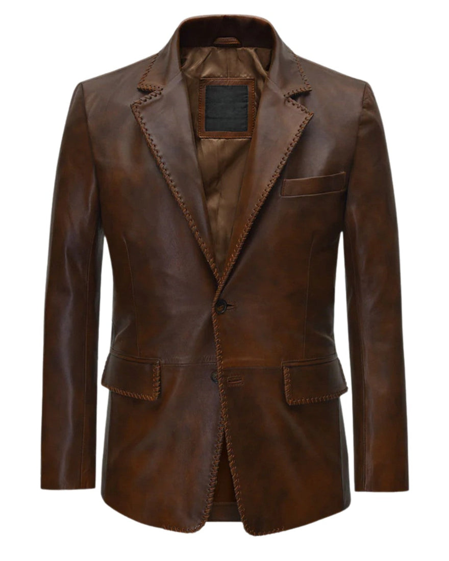 Picture of our Mens Brown Leather Blazer Jacket, front view on a mannequin.