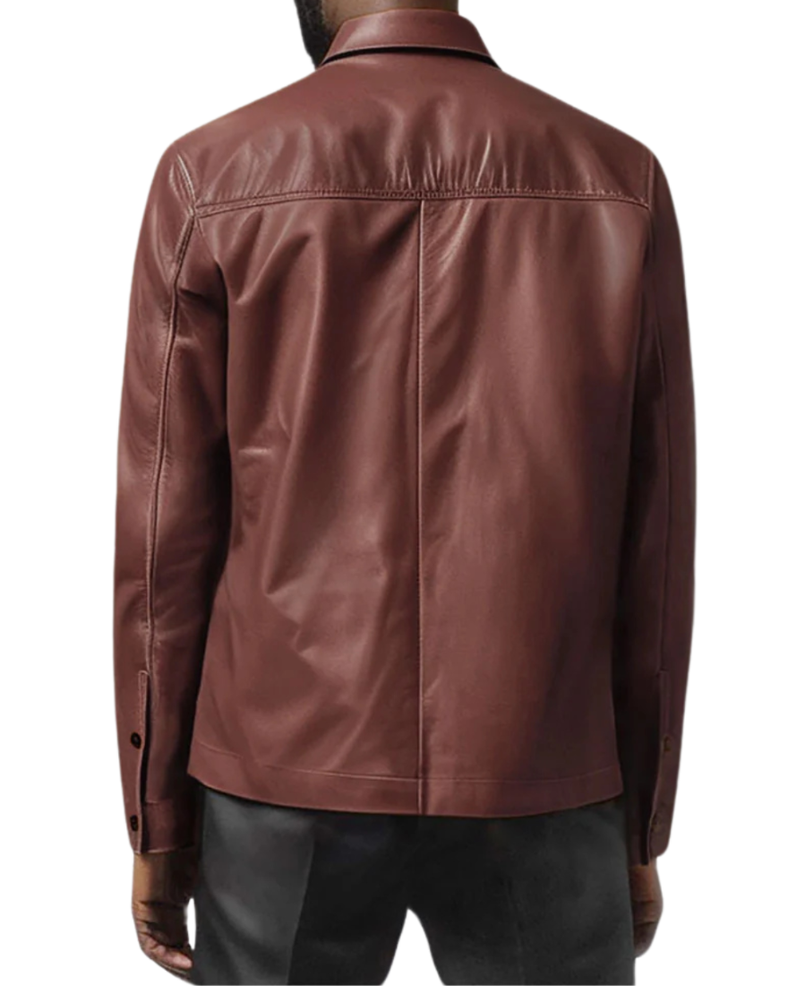 Picture of a model wearing our Mens Brown Leather Shirt, Back view.
