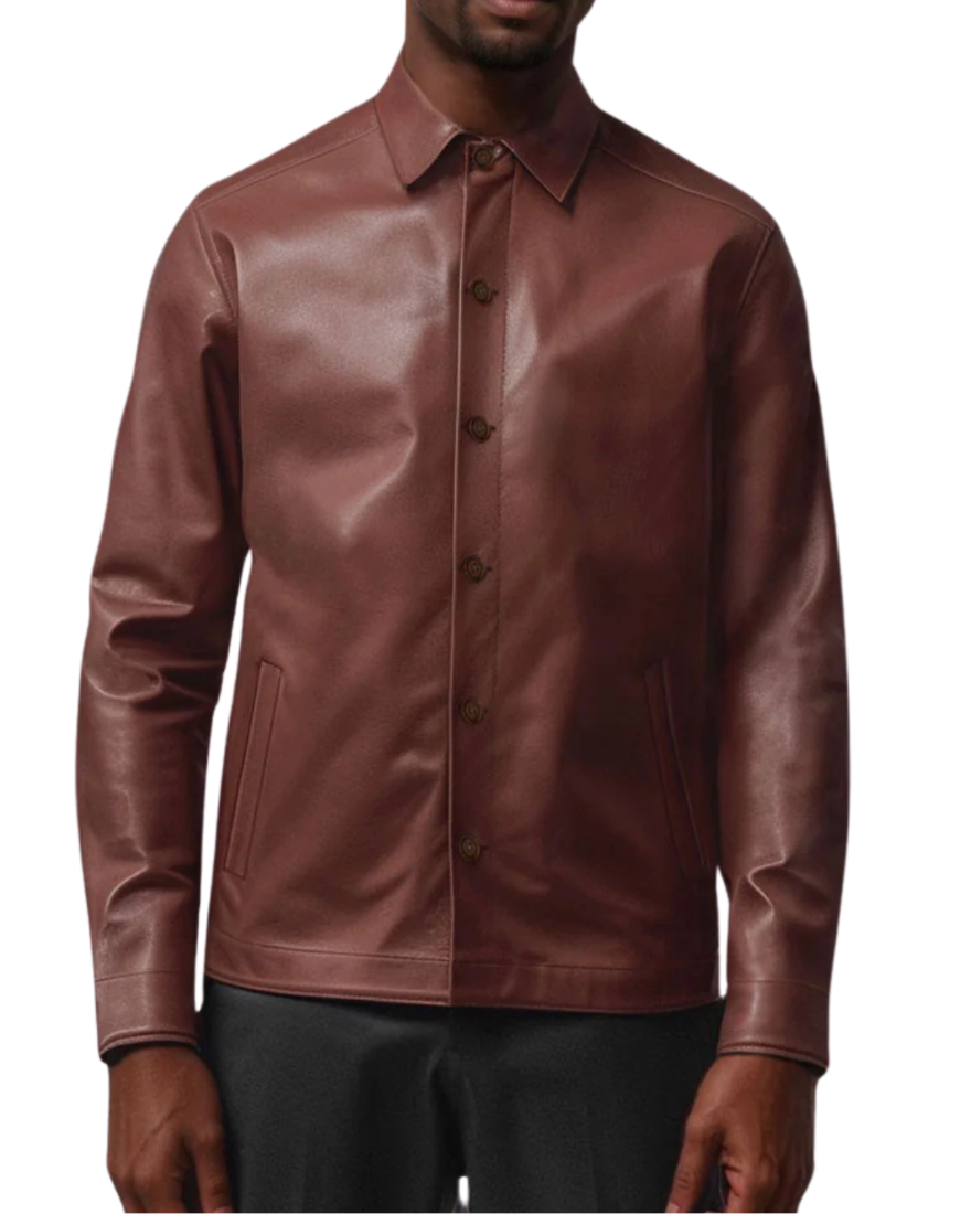 Picture of a model wearing our Mens Brown Leather Shirt, Front view.