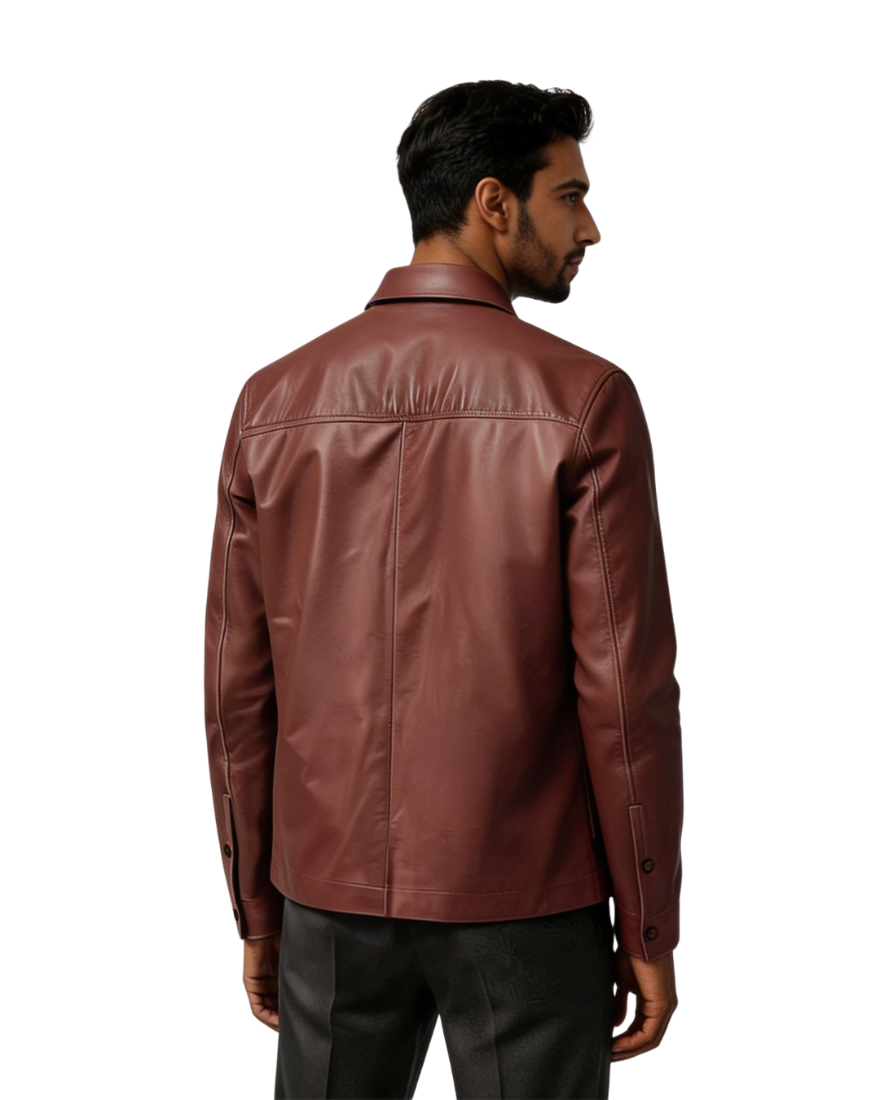 Man wearing a brown leather jacket on a white background, back view