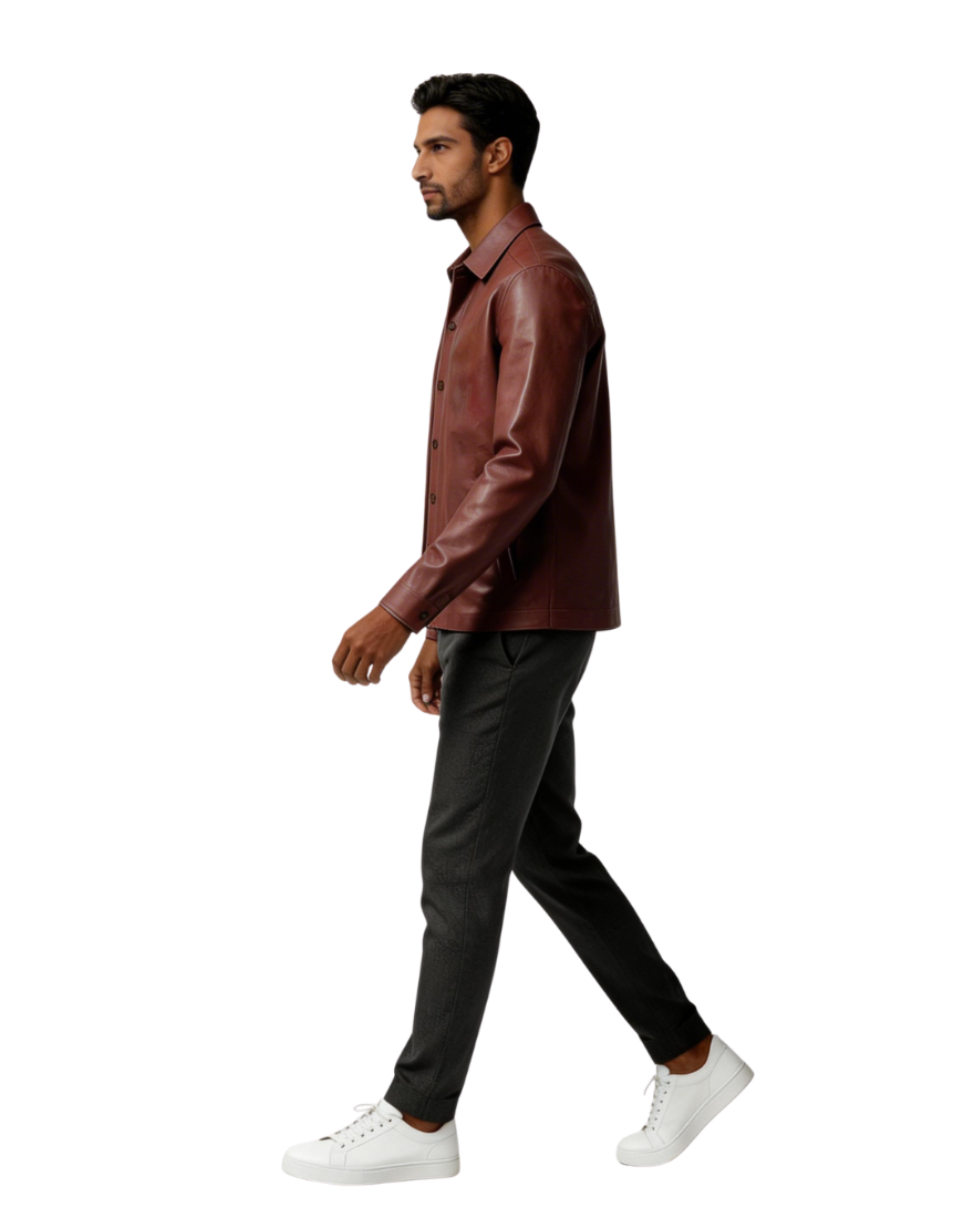 Man wearing a brown leather shirt, black pants, and white sneakers on a white background, walking pose.