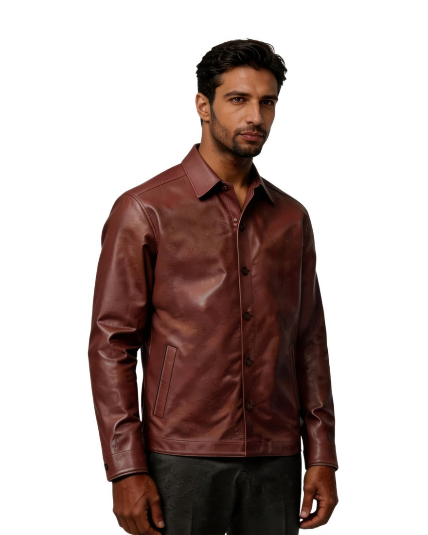 Man wearing a brown leather jacket on a white background, side view