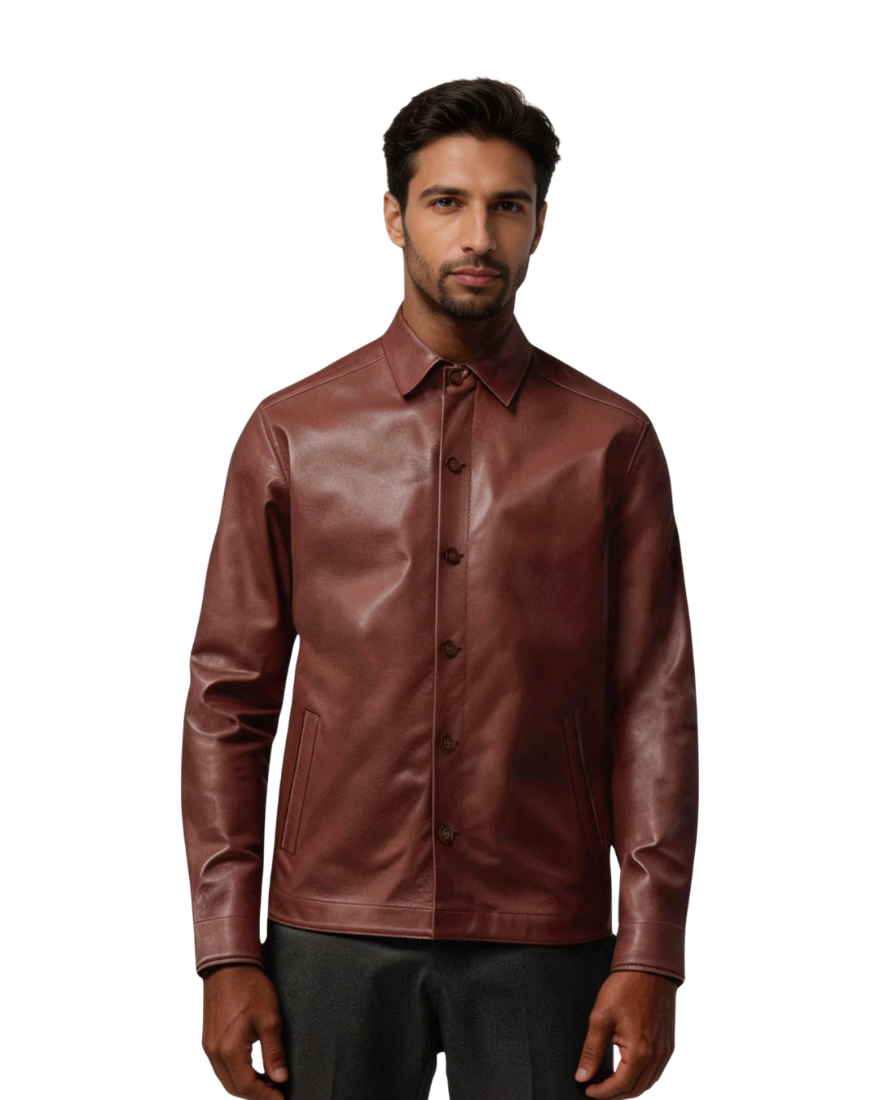 Man wearing a brown leather shirt on a white background, front view.