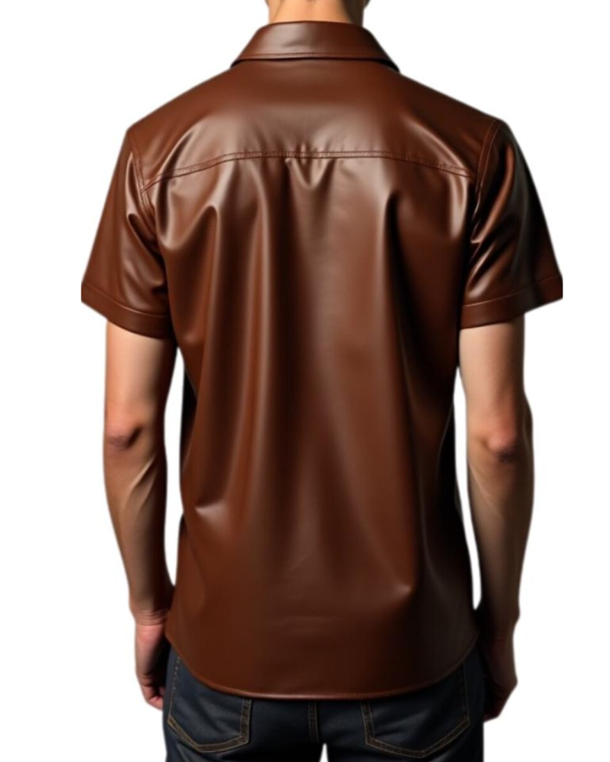 Picture of a model wearing our Mens Brown Leather Short Sleeve Shirt, back view.