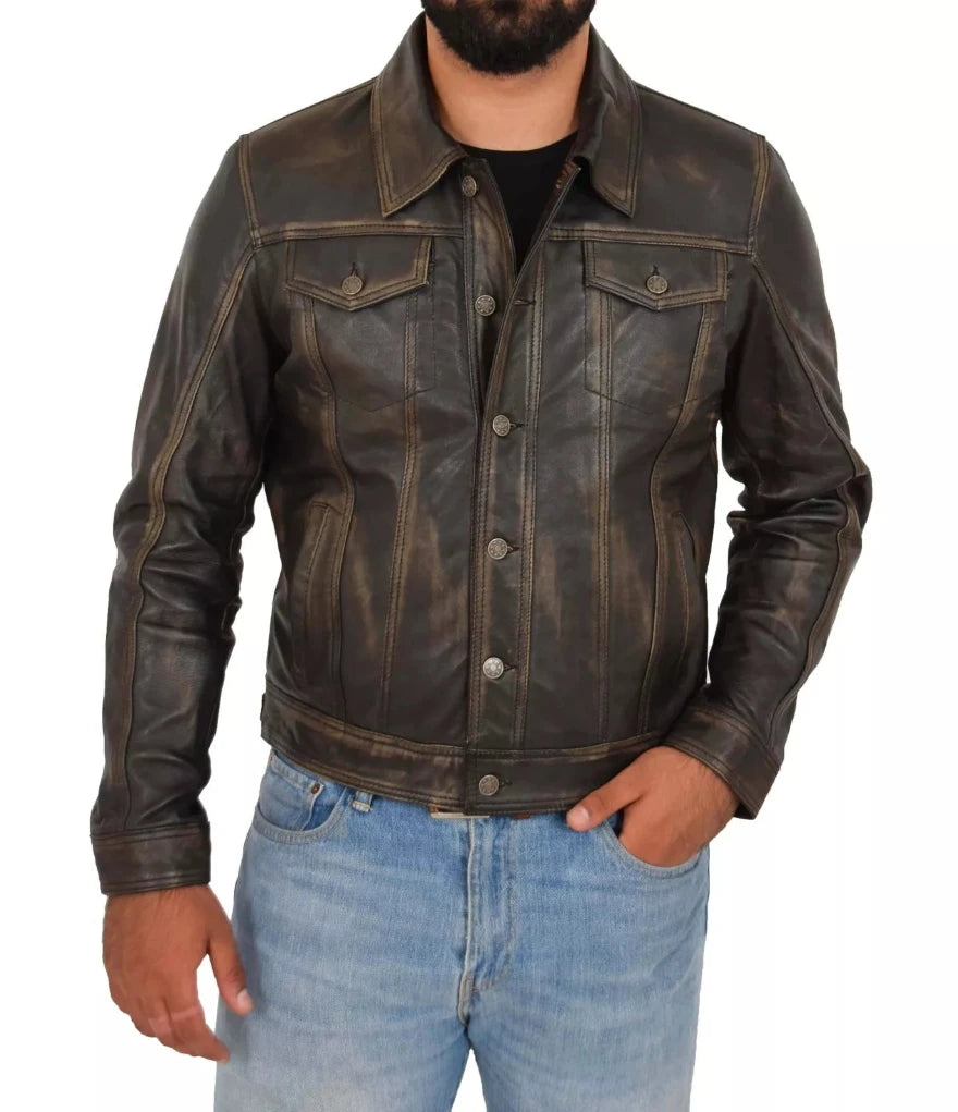 Picture of a model wearing our  Brown Leather Trucker Jacket, front view.