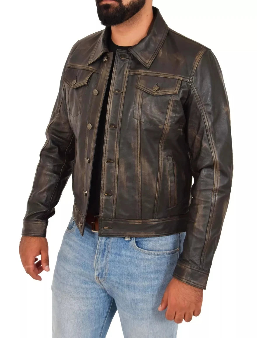 Picture of a model wearing our Mens Brown Leather Trucker Jacket, side view.