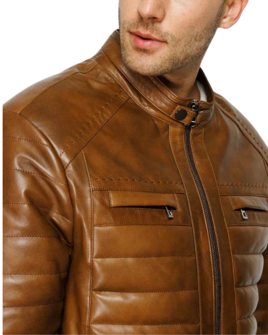 Picture of a model wearing our  Mens Brown Quilted Leather Jacket, Close Up View