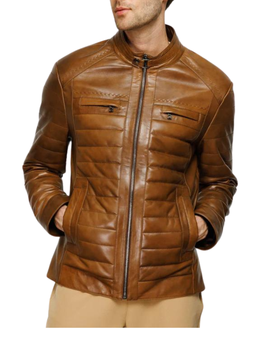 Picture of a model wearing our  Mens Brown Quilted Leather Jacket, another front View