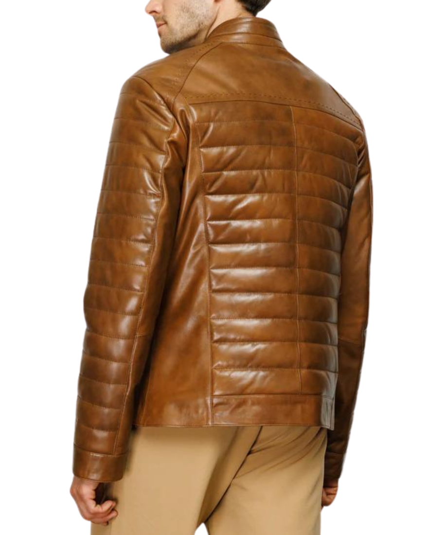 Picture of a model wearing our  Mens Brown Quilted Leather Jacket, sidet View