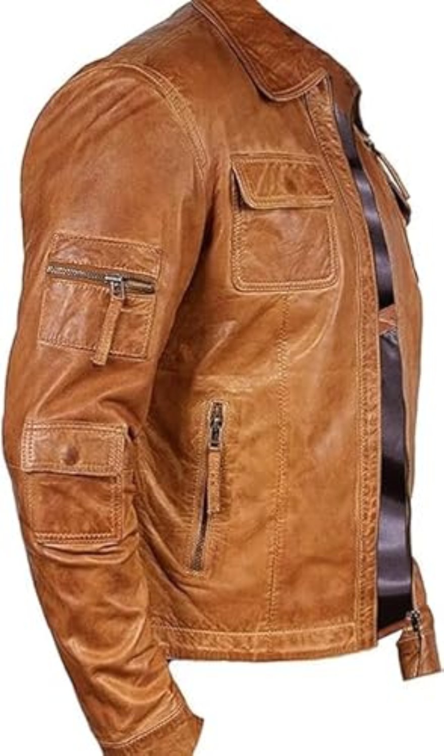 Picture of our Mens Camel Color Leather Jacket on a mannequin, side  view.