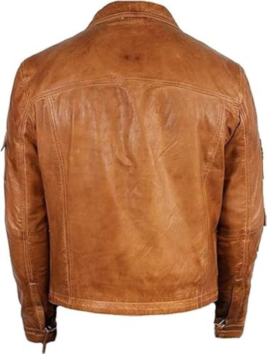 Picture of our Mens Camel Color Leather Jacket on a mannequin, back view.