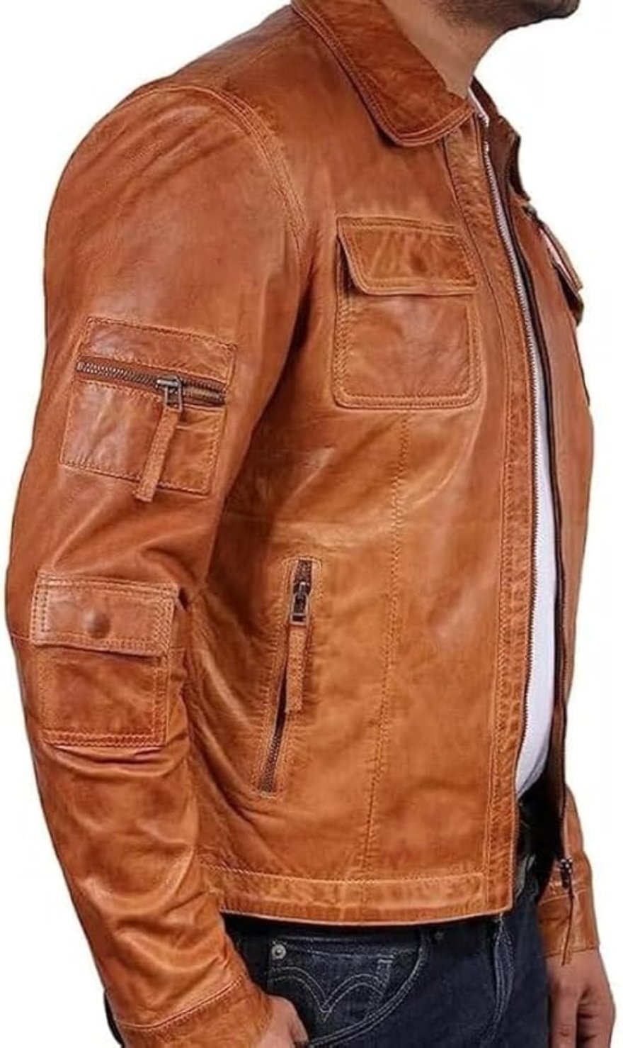 Picture of our Mens Camel Leather Jacket on a model, side view.