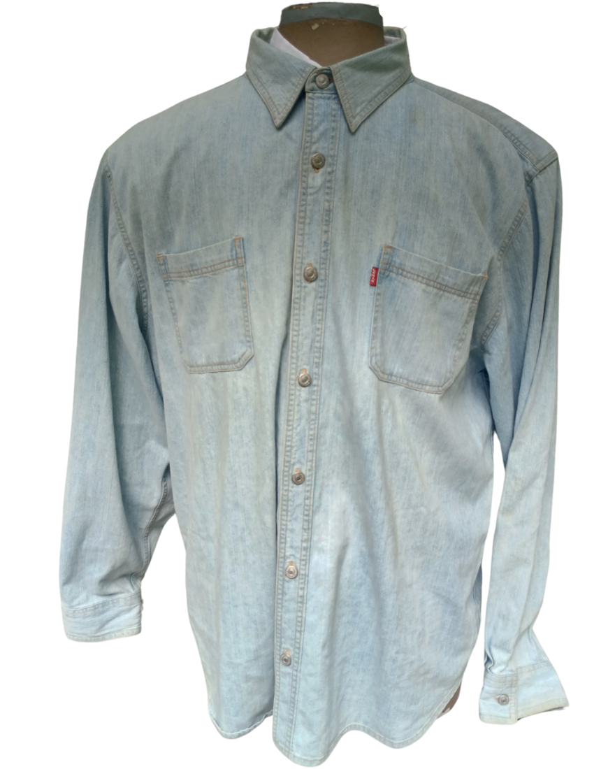 Picure of a denim shirt that our customer wants us to duplicate as a Mens Custom Made Leather Shirt, front view.