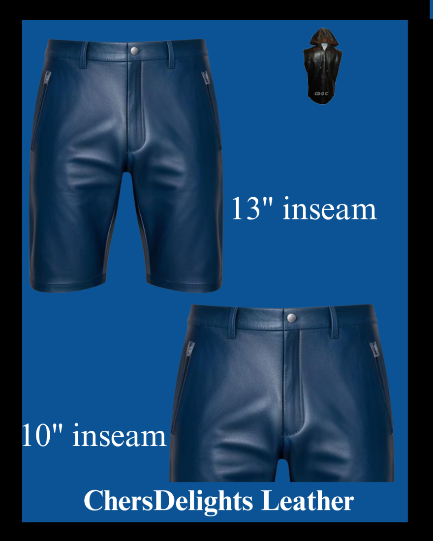 Collage picture of our Mens Dark Blue Leather Shorts showing the 10 &amp; 13&quot;  inseams.