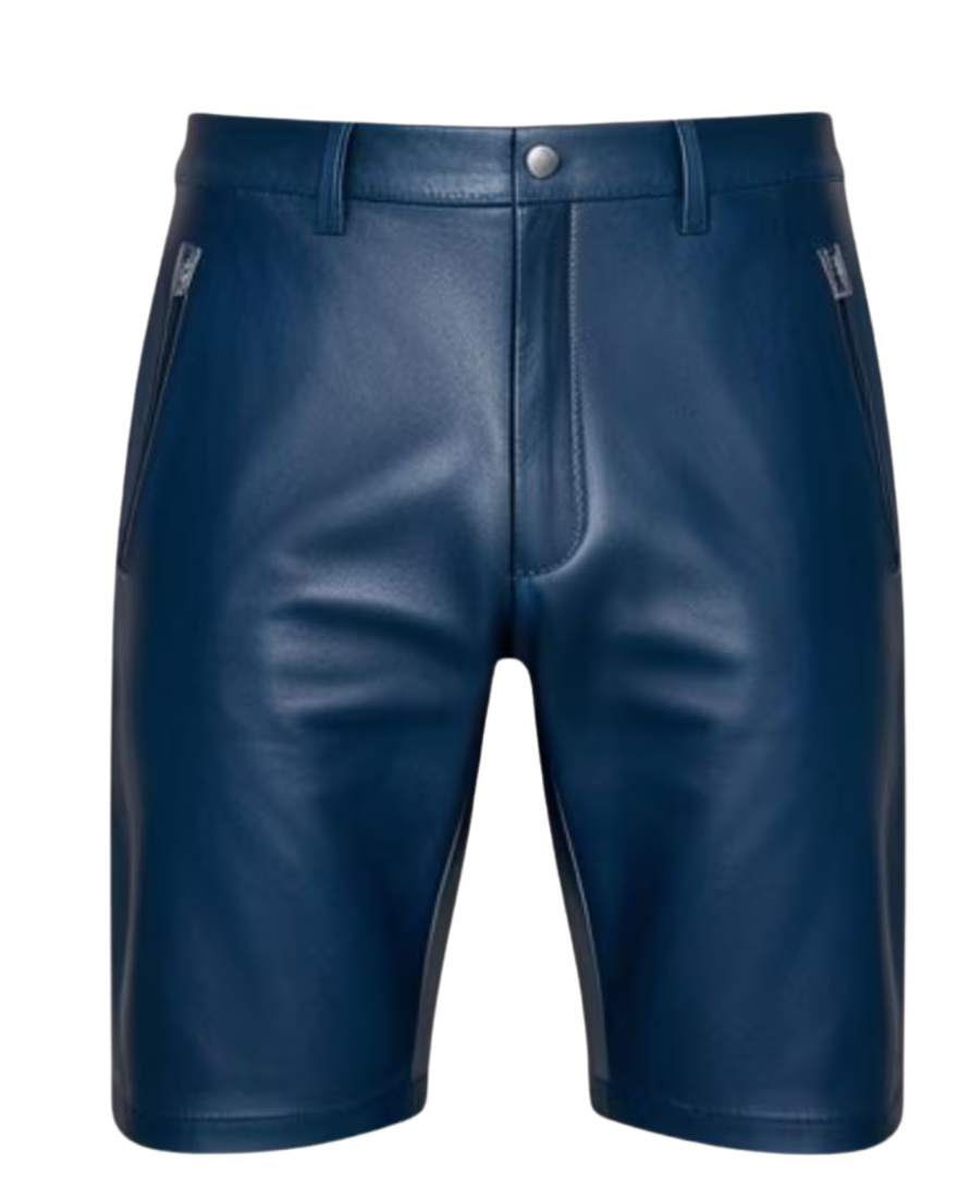 Picture o our Mens Dark Blue Leather Shorts, front view.
