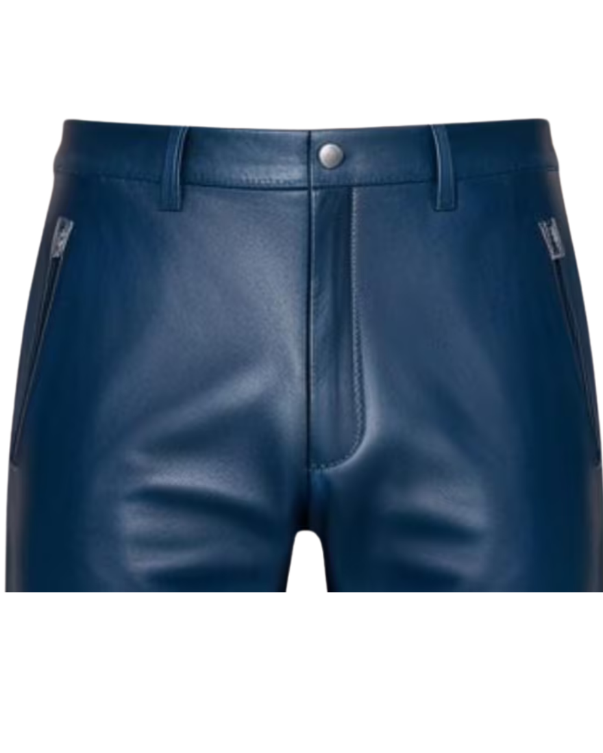 Picture o our Mens Dark Blue Leather Shorts, front view, shorter inseam