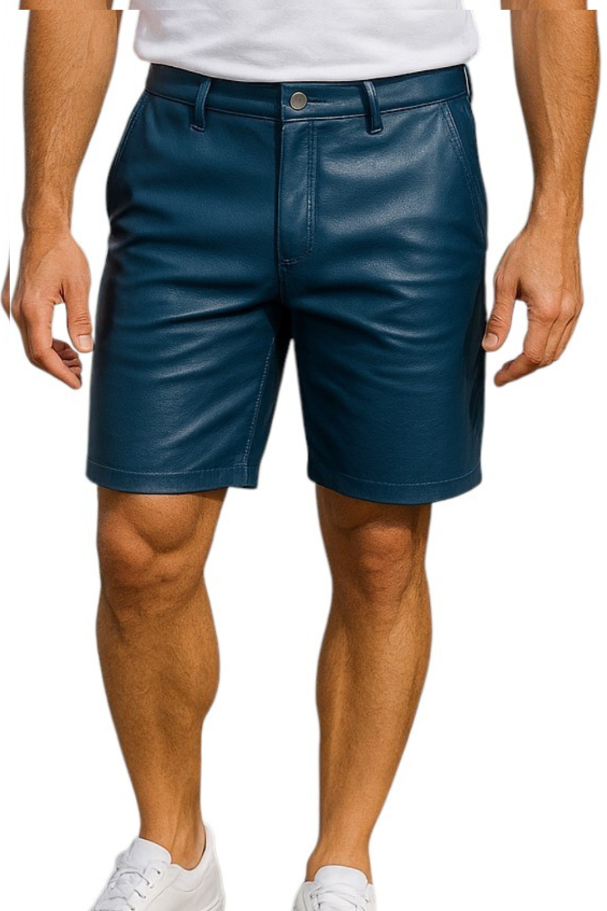 Close up picture of a model wearing our Mens Dark Blue Leather Shorts, front view.