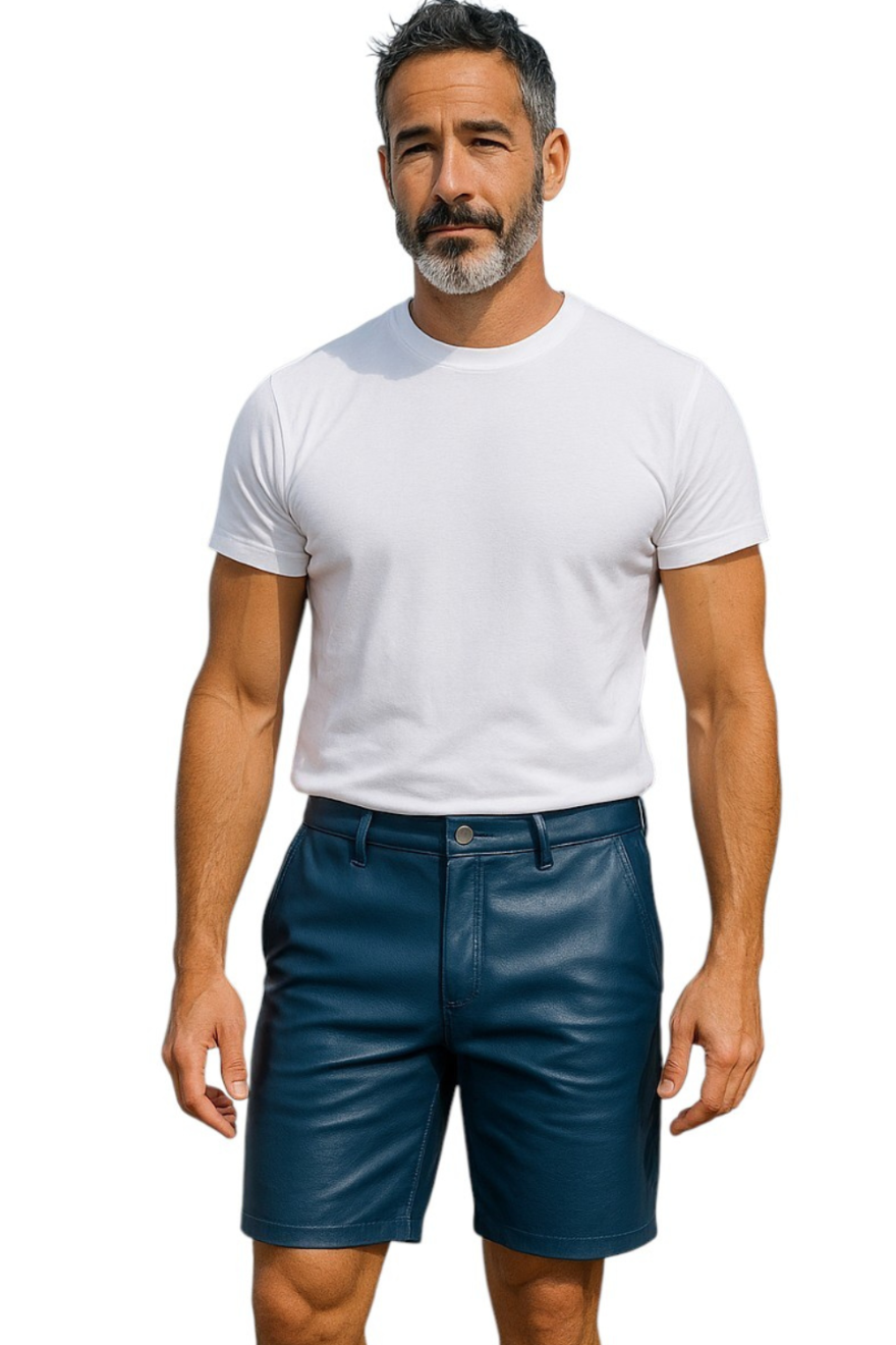  picture of a model wearing our Mens Dark Blue Leather Shorts, front view
