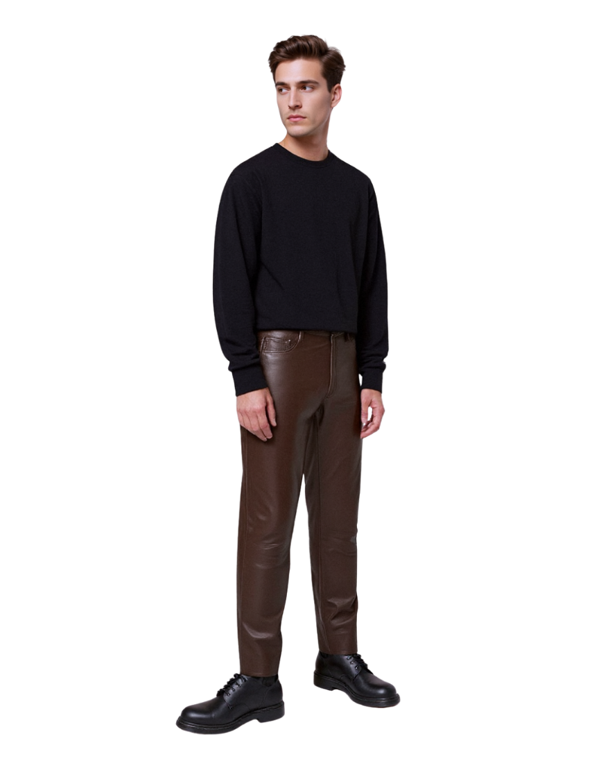 A model wearing our Mens Dark Brown Leather Pants - side view