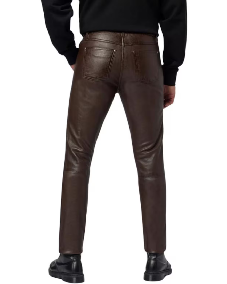 A model wearing our Mens Dark Brown Leather Pants - Back view.