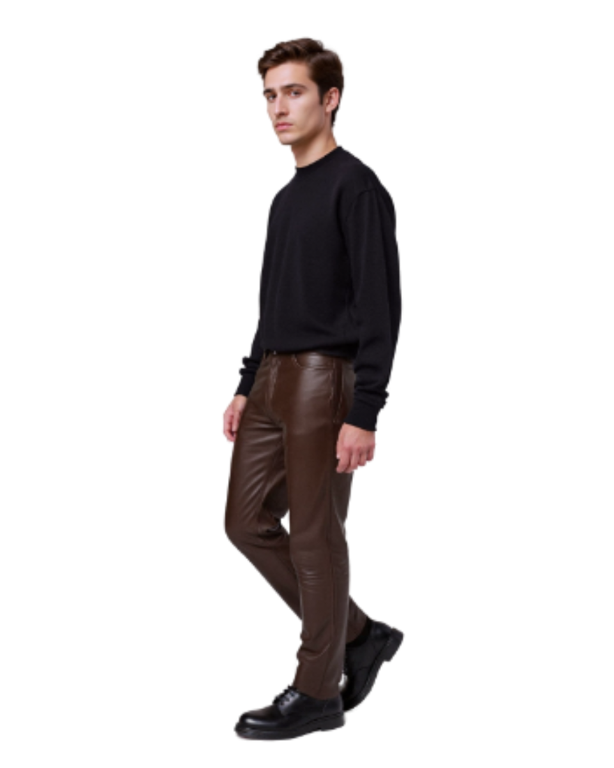 A model wearing our Mens Dark Brown Leather Pants -  side view.