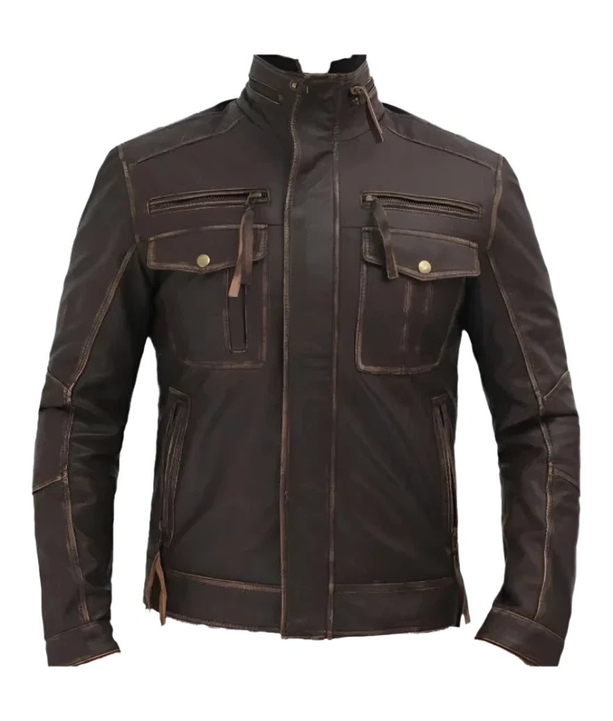 Picture of our Mens Distressed Dark Brown Leather Jacket on a mannequin, front view.