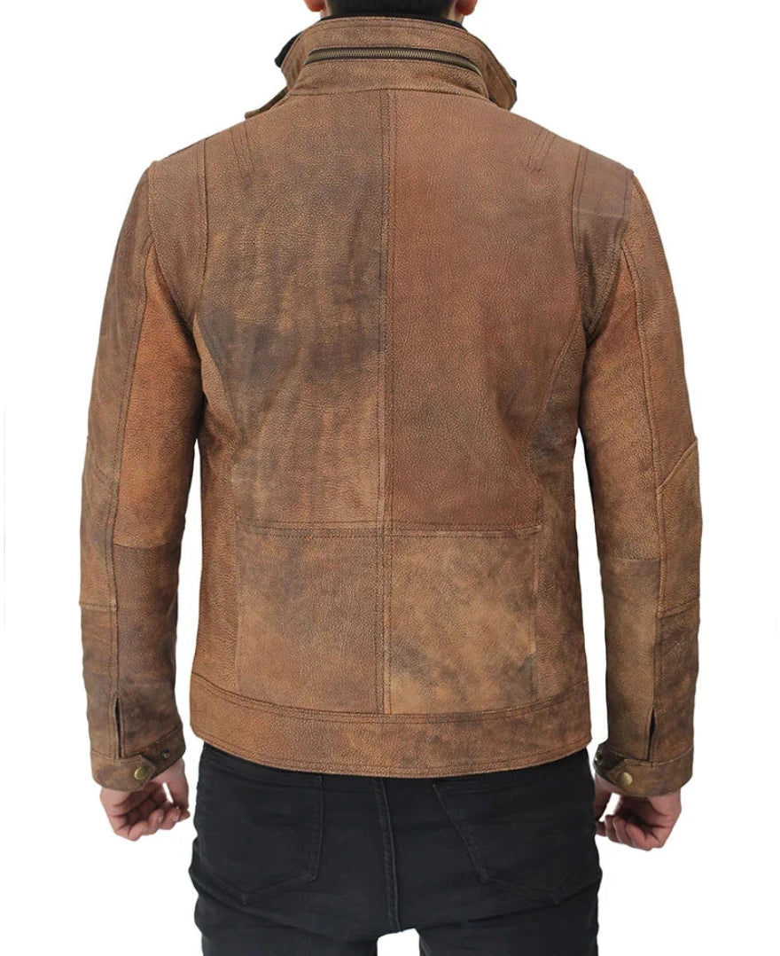 Picture of a model wearing our Mens Distressed camel Brown Leather Jacket back view.