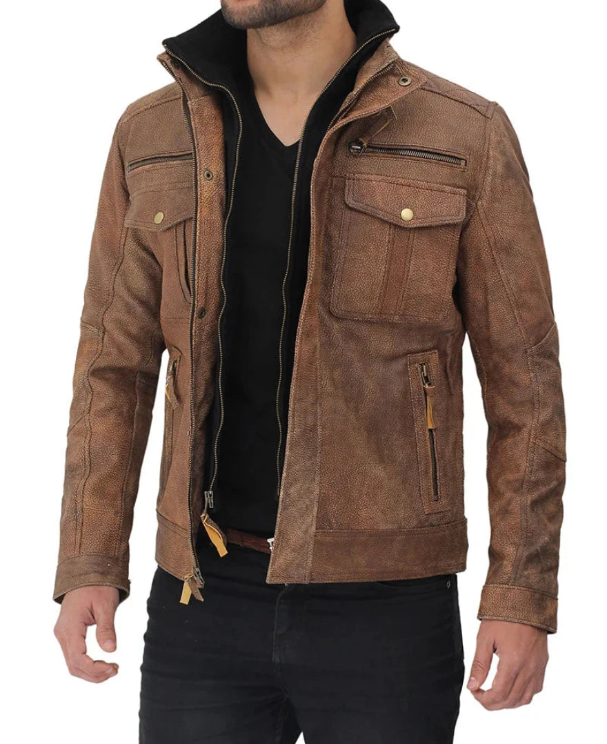 Picture of a model wearing our Mens Distressed camel Brown Leather Jacket side view.