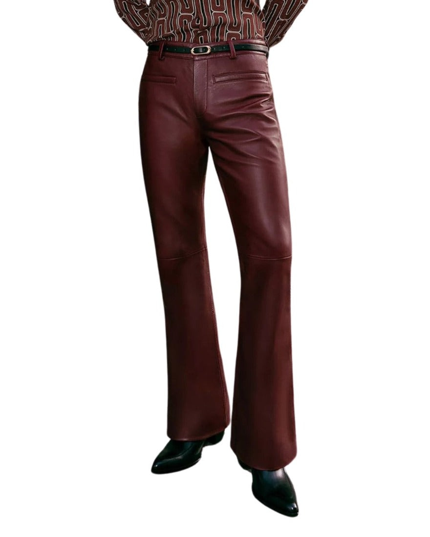 Picture of a model wearing our Mens Maroon Flare Leather Pants, Front view.