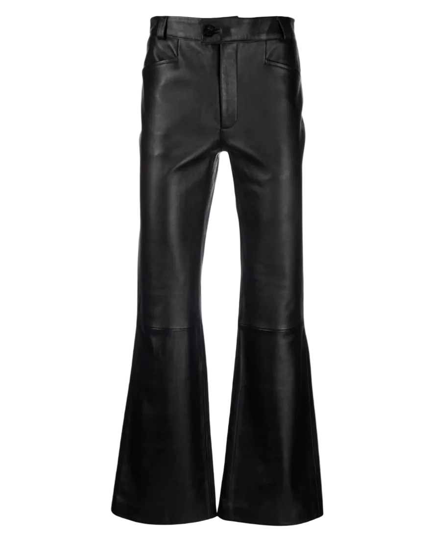 Black leather flared pants on a white background, front view.