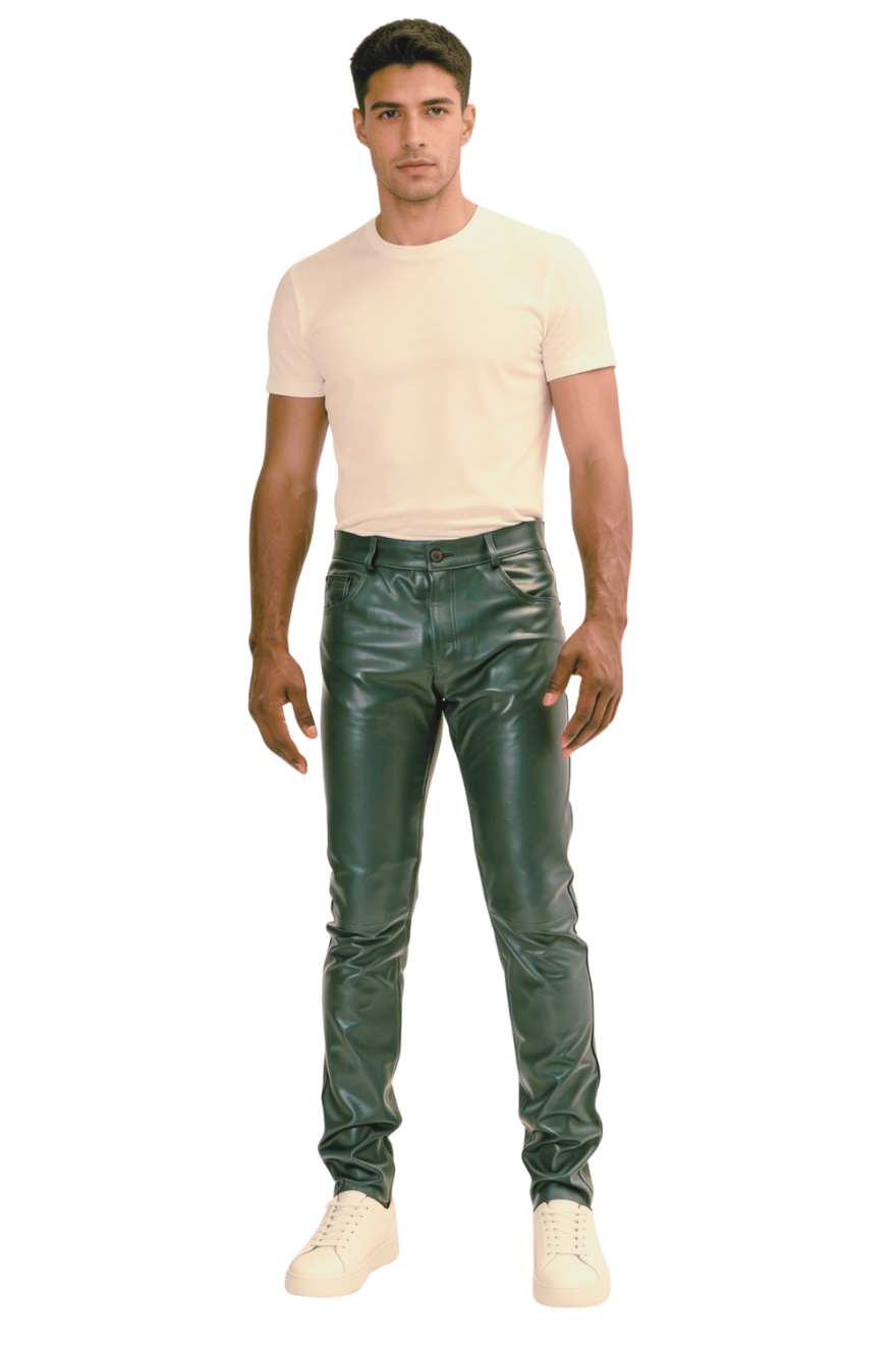 Green leather pants on a model, on a white background, front view.