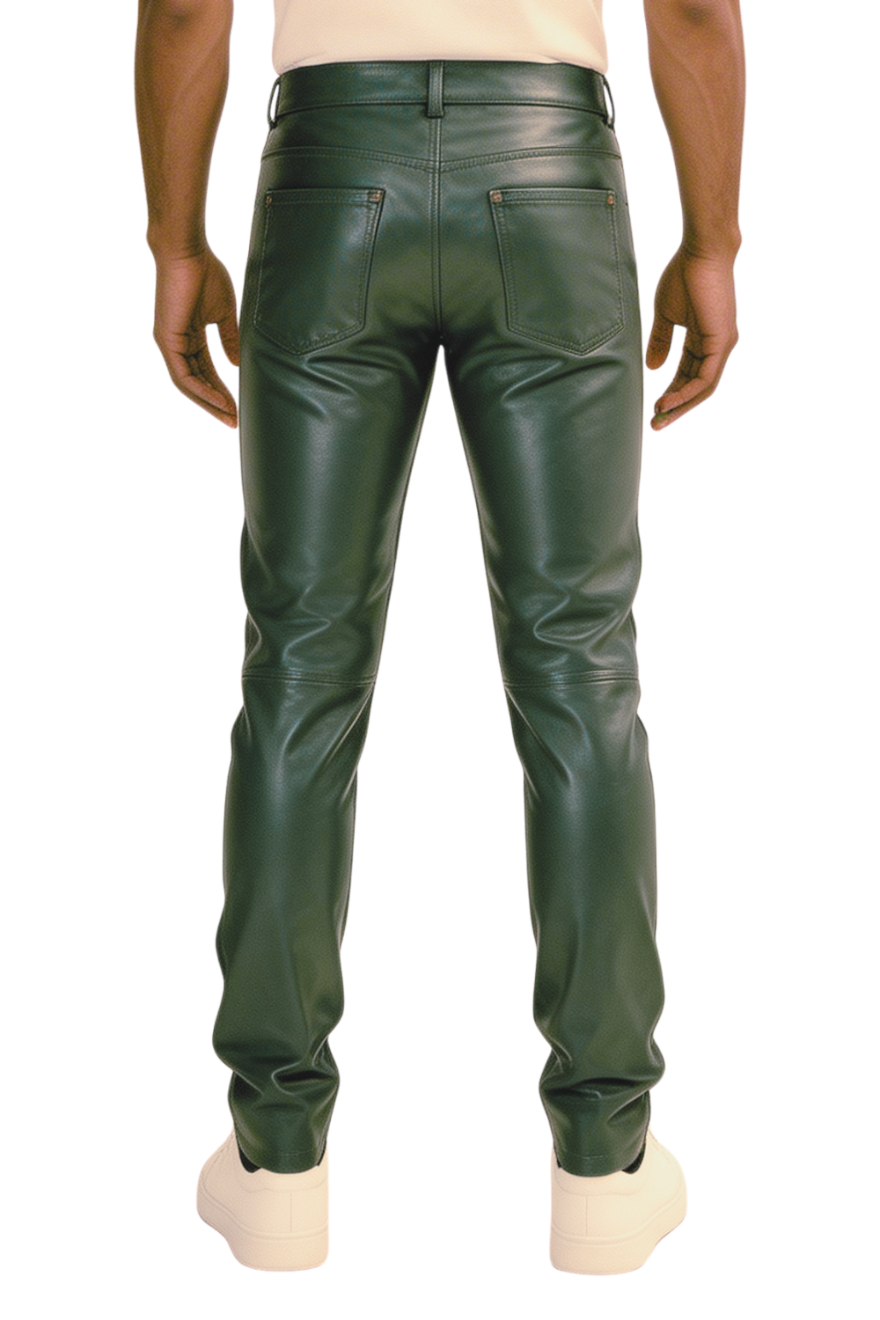 Green leather pants on a model, from waist down, on a white background, back view.