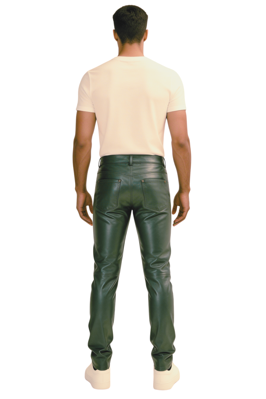Green leather pants on a model, a white background, back view.