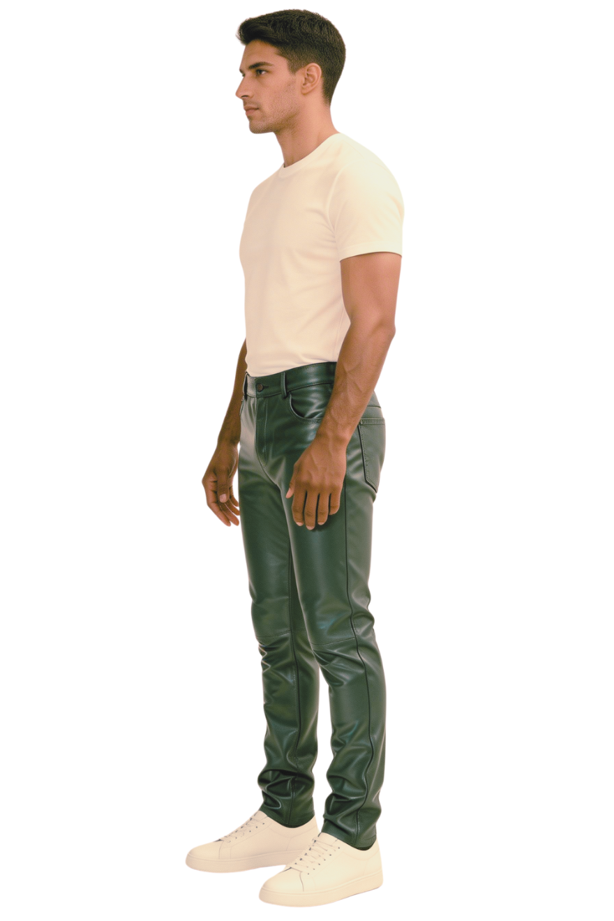 Green leather pants on a model,  on a white background, side view.