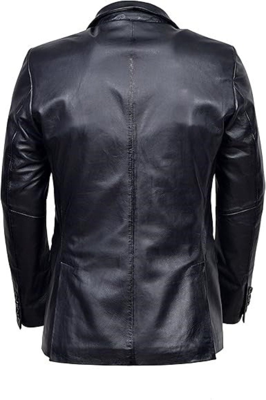 Picture of our Mens Leather Blazer Jacket in Black, on a mannequin, back view.