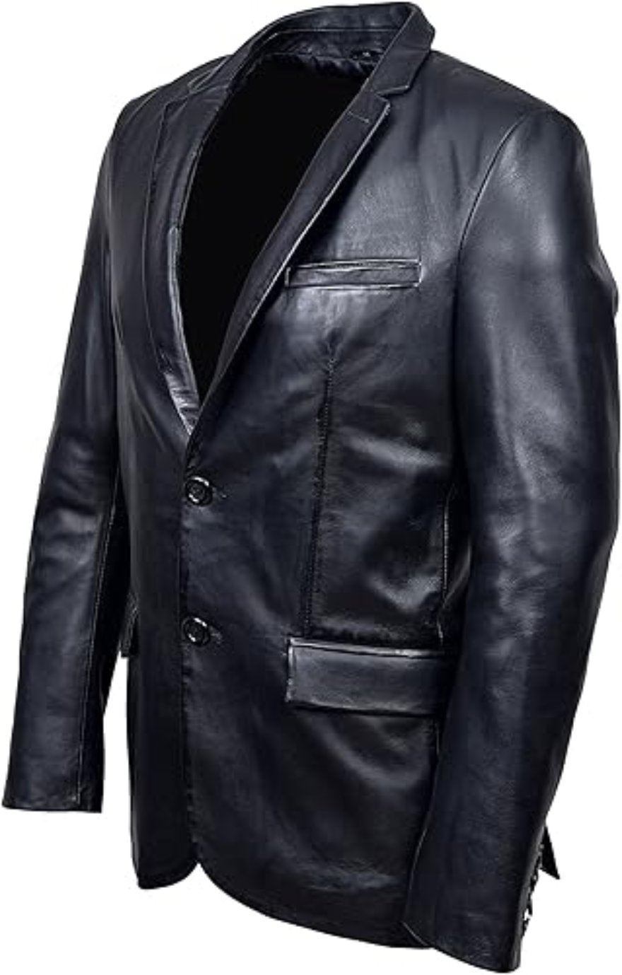 Picture of our Mens Leather Blazer Jacket in Black, on a mannequin, side view.