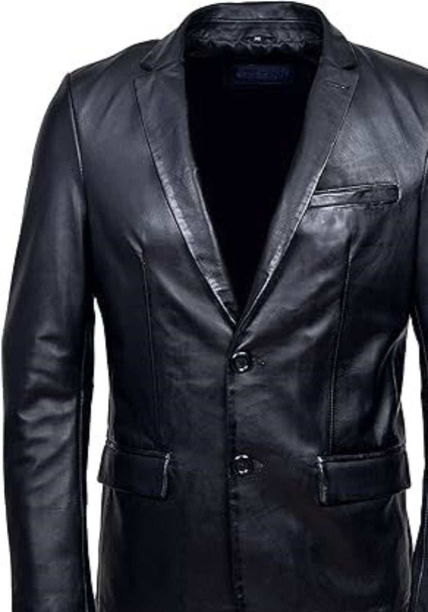 Picture of our Mens Leather Blazer Jacket in Black, on a mannequin, frobt view.