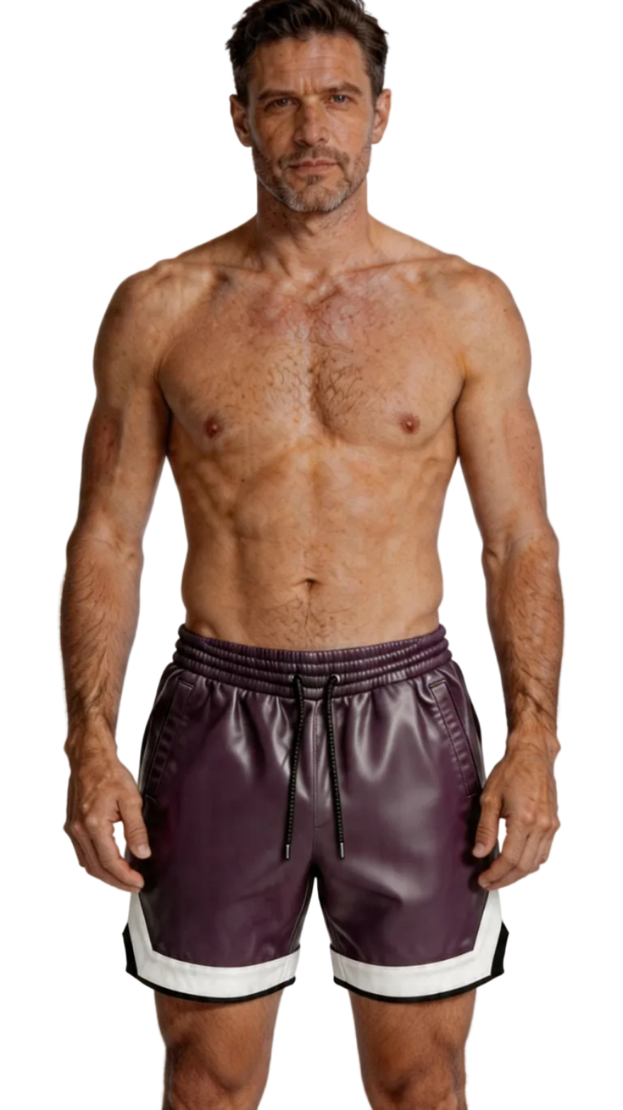 Man wearing purple leather shorts on a white background