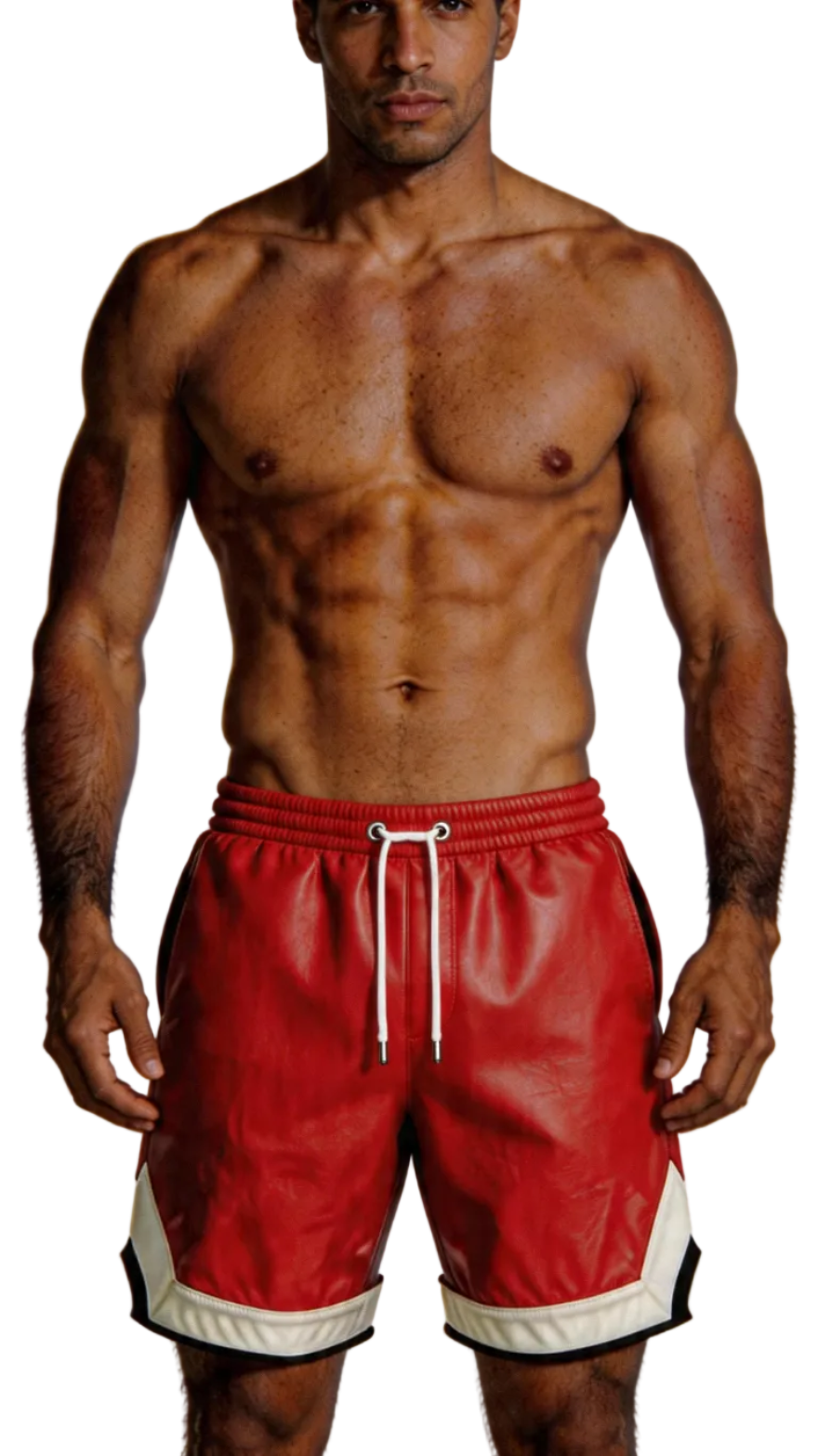 Man wearing red leather shorts with a white background