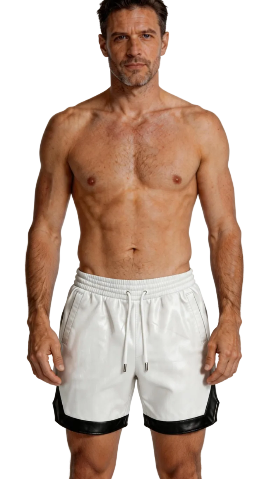 Man wearing white leather shorts with black trim on a white background