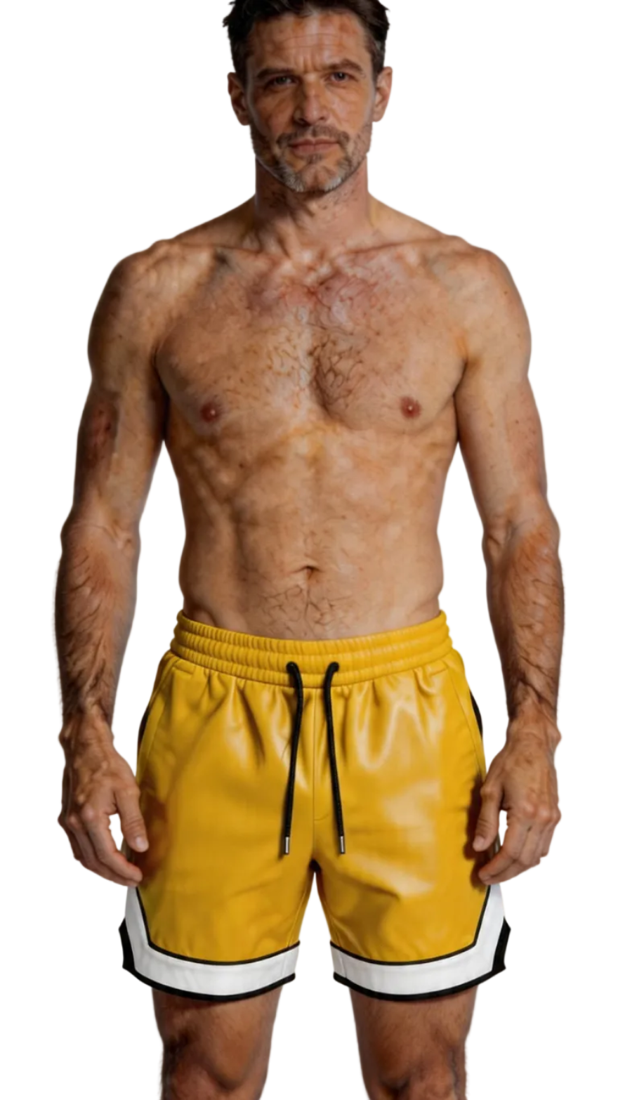 Man wearing yellow leather shorts with a white background